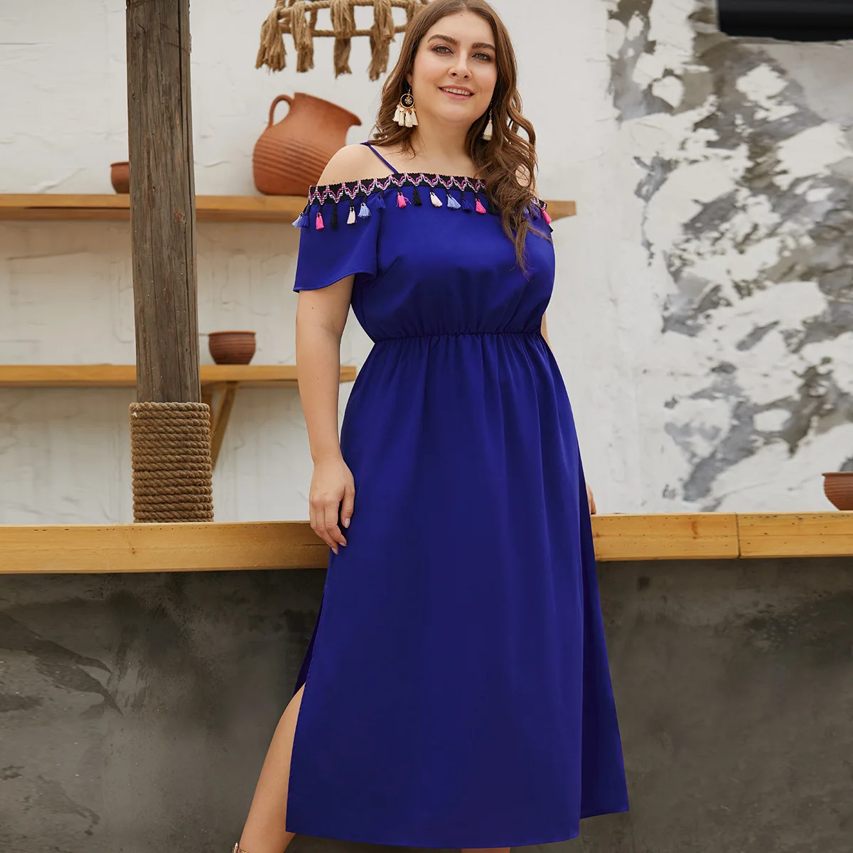 

XL-4XL Plus Size 2019 Women Summer Long Dress Tassel Spaghetti Strap Blue Dress Off Shoulder Slit Large size Casual Party Dress
