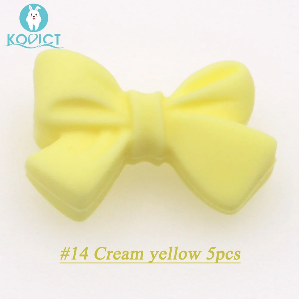NO.14 cream yellow Kovict 27 мм Силиконовые узел галстук бабочка бусины 5/12/20 штук Еда Класс Силиконовые Прорезыватели для зубов DIY жевательные Цепочки и ожерелья против грызунов нового дизайна - Цвет: NO.14 cream yellow