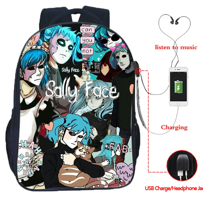 Многофункциональный рюкзак Sally Face с зарядкой через USB, школьные сумки для студентов, школьный рюкзак с разъемом для наушников, повседневный рюкзак для путешествий
