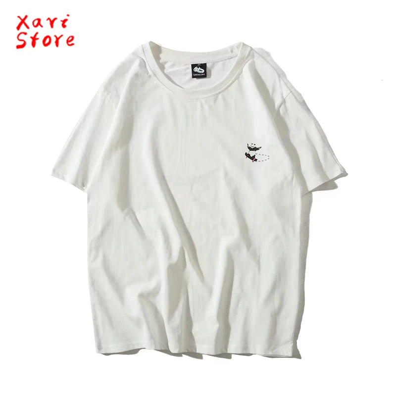 Summer new 100% Cotton Street Boys playful short sleeve T-shirt men's loose panda hip-hop O collar five points sleeves | Мужская