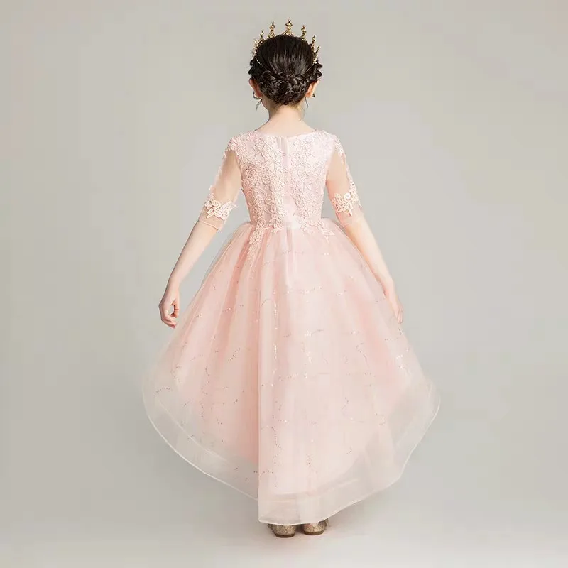 

Little Girls Kids Exquisite Sweet Pink Color Birthday Wedding Party Tail Princess Lace Dress Children Infant Catwalk Host Dress
