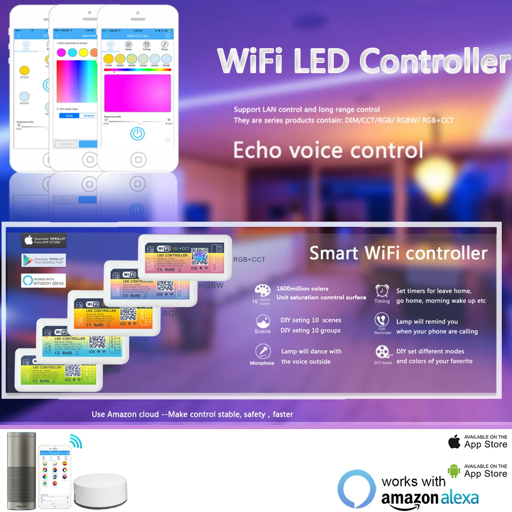 DC12 24V Wifi RGB RGBW RGBCCT контроллер полосы от Amazon Alexa Phone 12A WIFI управления iOS/An для 5050 3528