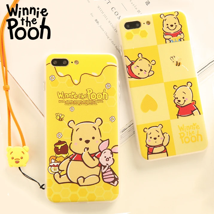 For iPhone X cartoon Winnie bear case for 6 6s plus relief pattern cute animal phone cover 7/8 hard + strap |