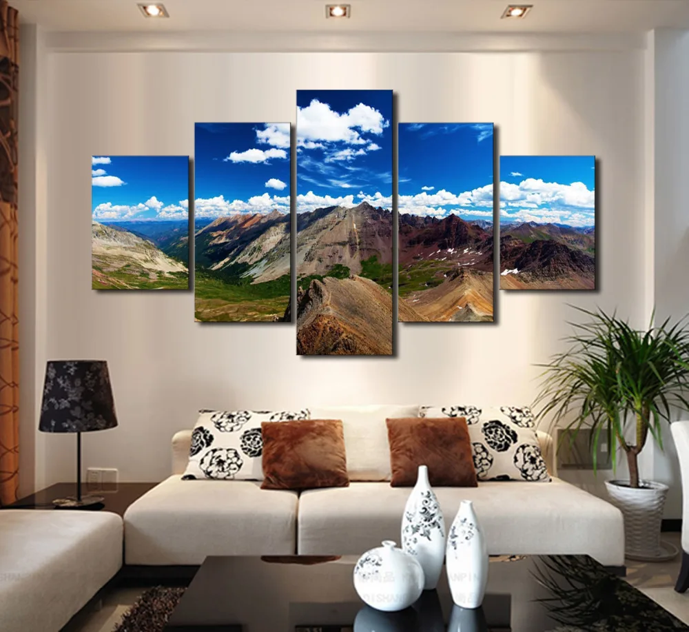 5 Panels HD White Clouds BLUE SKY Mountain Canvas Print Painting Artwork Wall Decorative Unframed For Living Room Decor | Дом и сад
