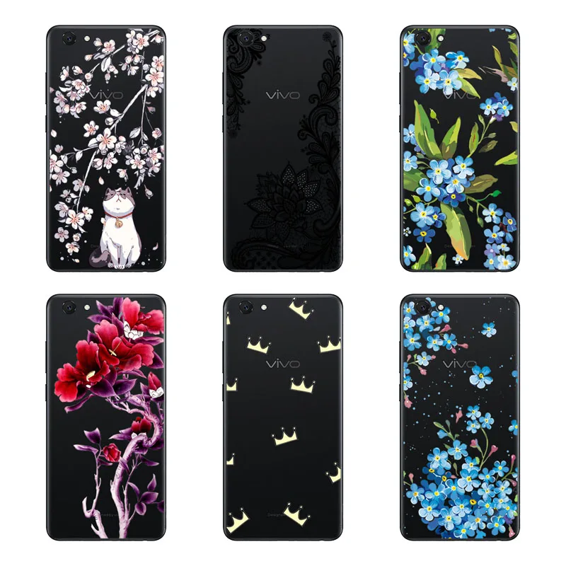 For vivo Y71 Case Silicon Black Painting Flower Soft TPU Back Cover for Protect Phone Cases Shell |