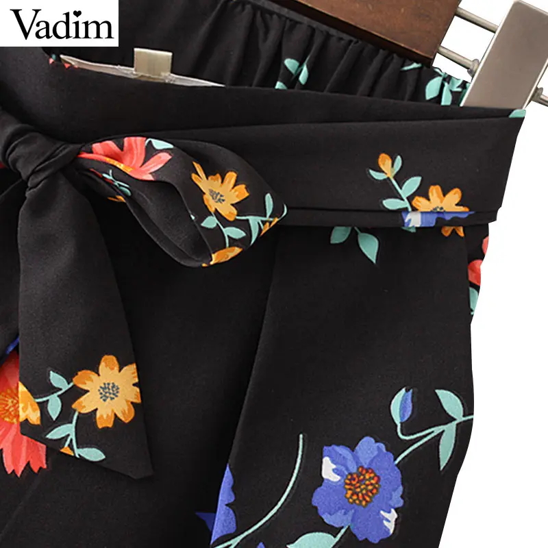 Брюки Vadim женские винтажные с цветочным принтом широкие бантом поясом свободные