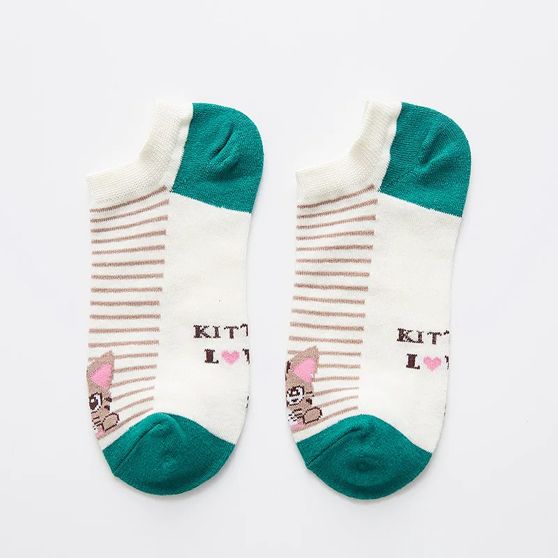 Green Socks 5 пар/партия, женские короткие носки новые женские короткие носки Новые простые хлопковые носки для девочек на весну-лето милые носки с изображением кота - Цвет: Green Socks