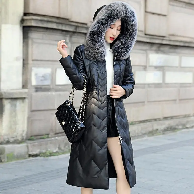 2018 зимняя новая женская натуральная кожа Внешний кожаный пуховик овечья длинная