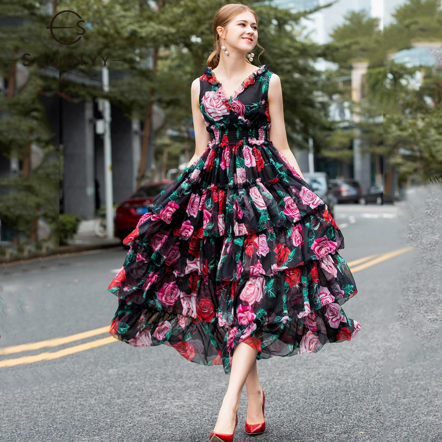 

SEQINYY Lace V-Neck Dresses 2019 Early Spring Woman's New Sleeveless Fashion Printed Flower Elegant Luxurious Ankle Length Dress