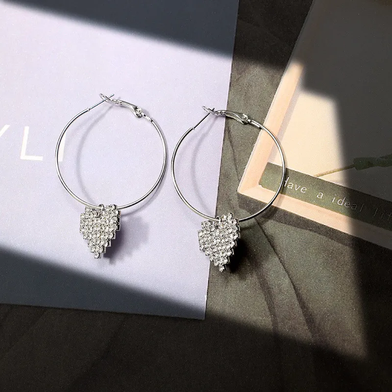 New European and American Style Fashion Simple Personality Alloy Large Circle Mosaic Crystal Heart Earrings for Women | Украшения и