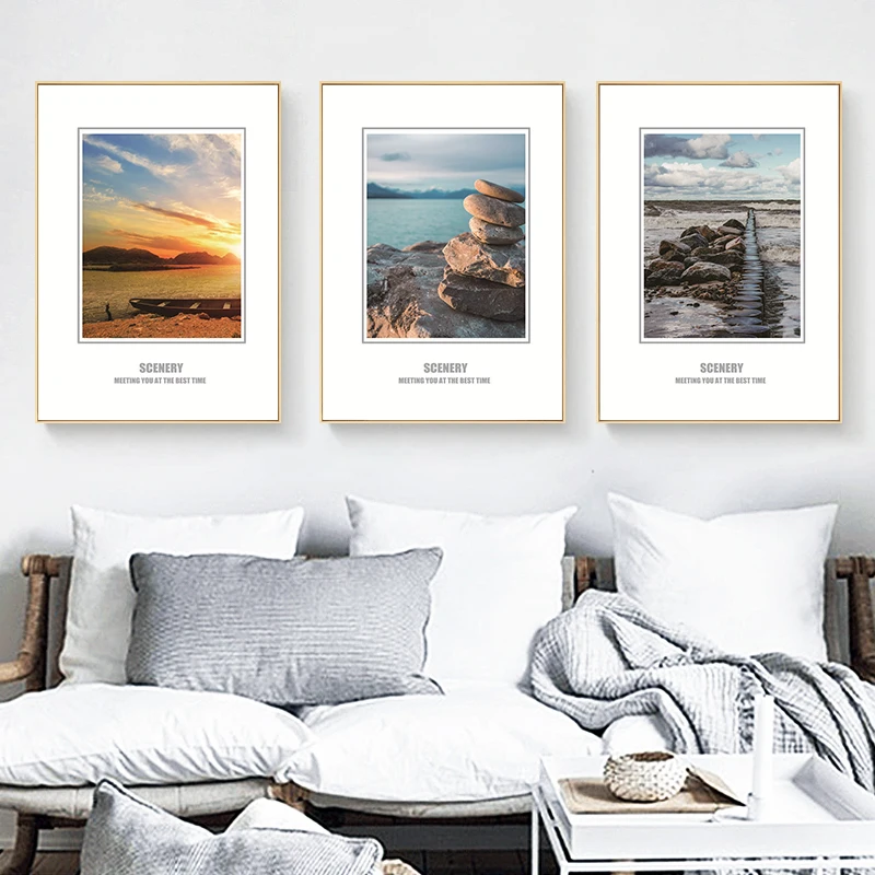 Landscape Seascape Home Decor Canvas Painting Sunset Boat Stone Picture Art Print Living Room Hotel Backdrop | Дом и сад