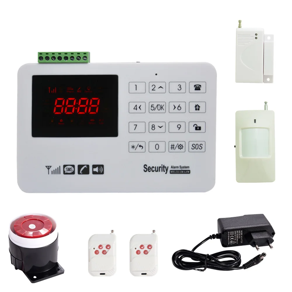 Home security protection GSM SMS wireless Alarm system PIR Motion detector Smoke alarm Magnet door Sensor Wireless siren