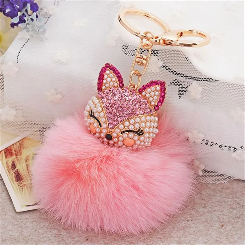 Fur Ball with Artificial Fox Head Inlay Pearl Rhinestone Key Chain New Fashion Car-styling Car key rings | Автомобили и мотоциклы