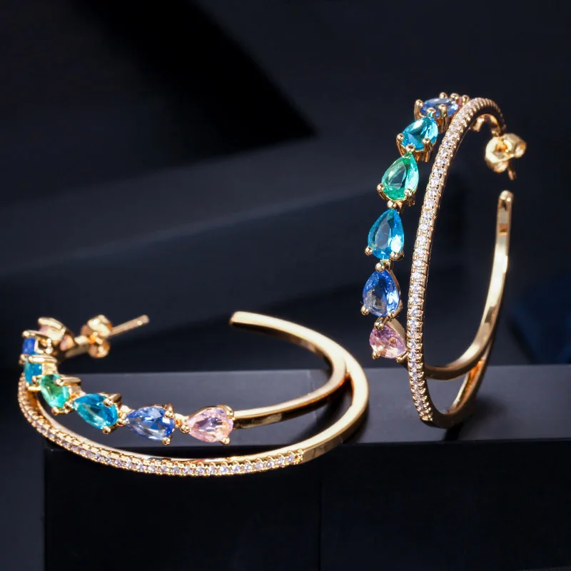 Yellow Gold CWWZircons, двойной круг, Радужный цвет, кубический цирконий, кристалл, большие круглые золотые серьги-кольца для женщин, массивные ювелирные изделия CZ562 - Окраска металла: Yellow Gold