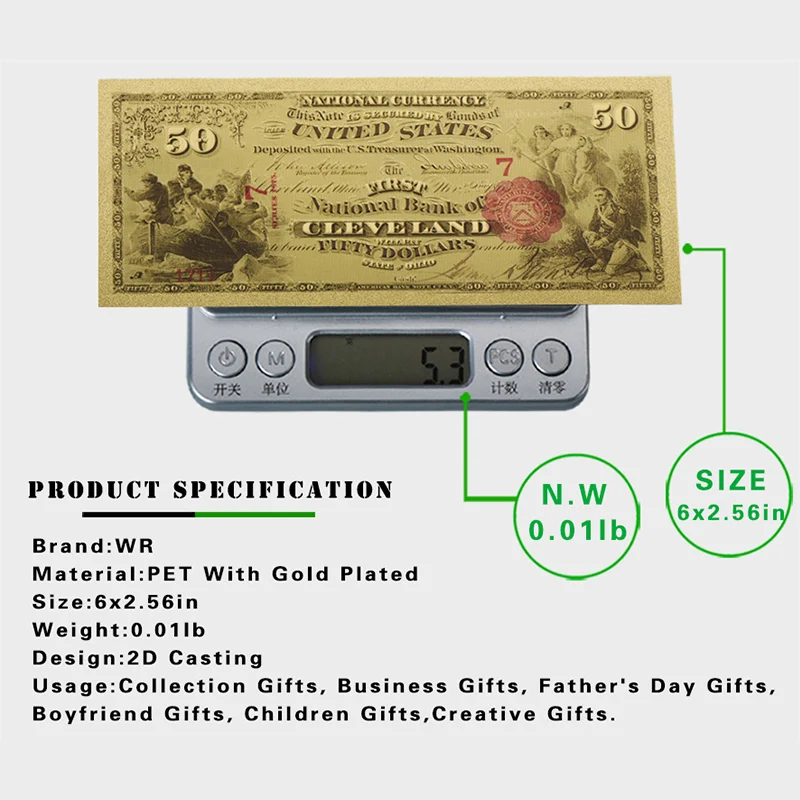 Праздничные сувенирные подарки WR 50 долларов 24 К Красочные золотые банкноты