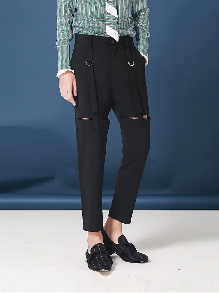 

Original one word hole small trousers male hairstylist web celebrity nine-point trousers slim body small feet pants. S-6XL!!