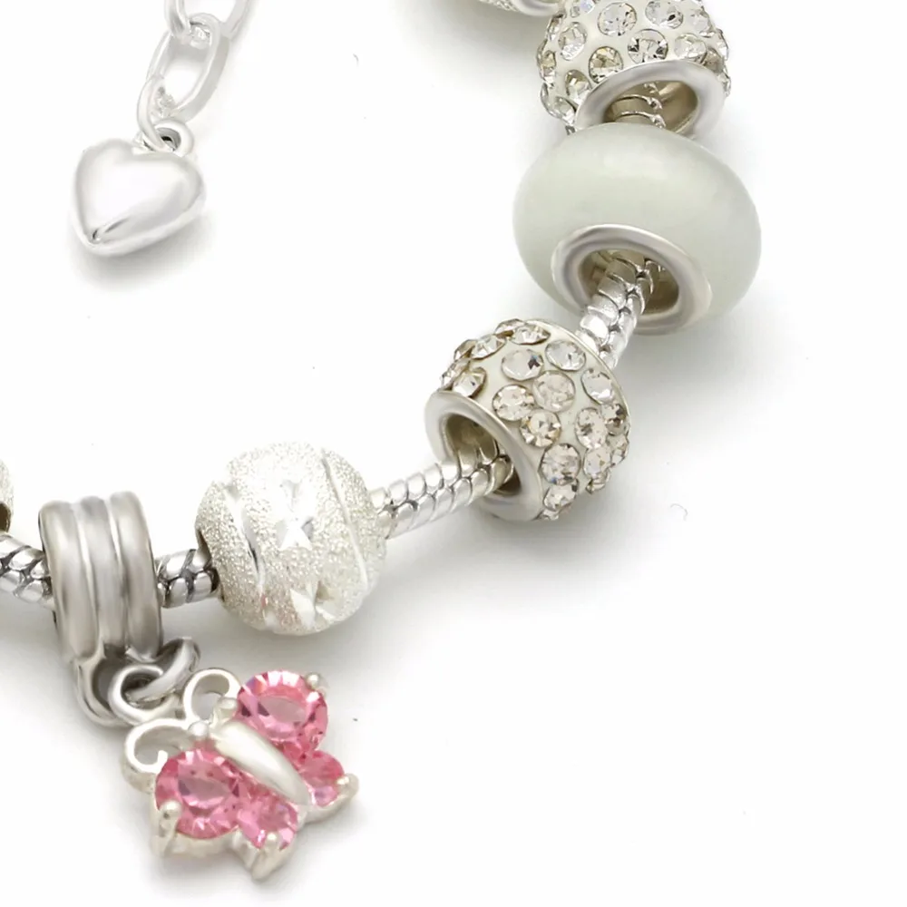 Белый DIY бусы браслет для женщин Посеребренная Кристалл Rhinestone Бабочка модные