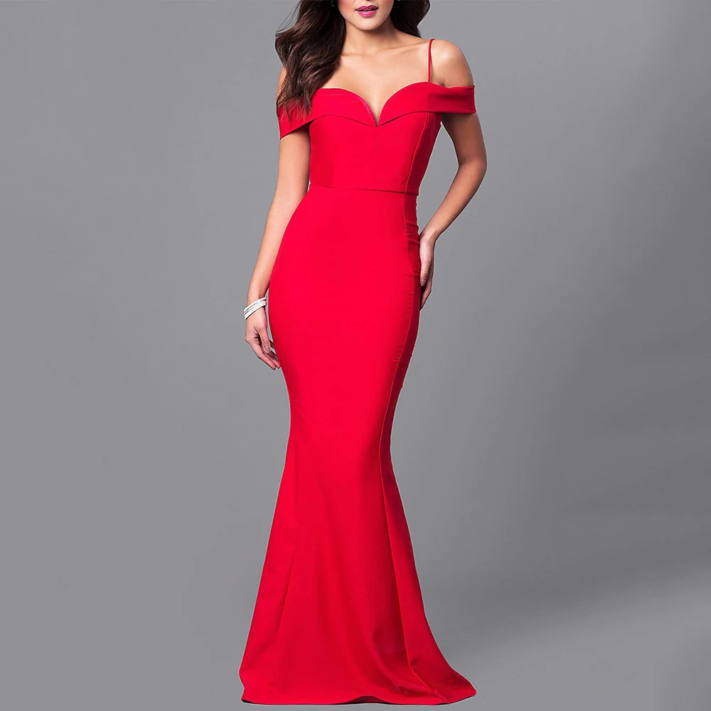 Женское вечернее платье макси с глубоким v образным вырезом Красное Облегающее
