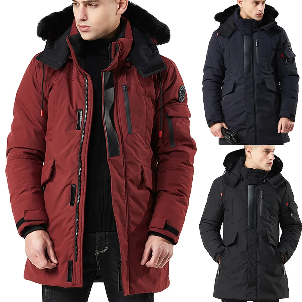 Mens Winter Medium Length Zipper Hoodie Thickened Wind Proof Cotton Outwear Winner Warm Color Coat Drop Shipping | Мужская одежда