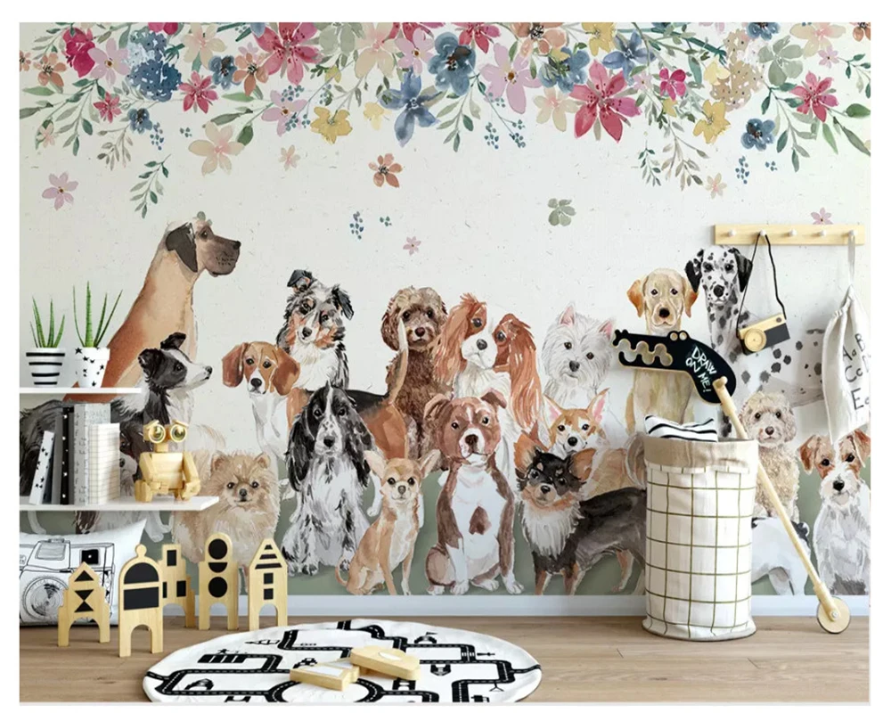 

beibehang Nordic fashion character wall paper Creative cute group of puppies floral children's room background 3d wallpaper