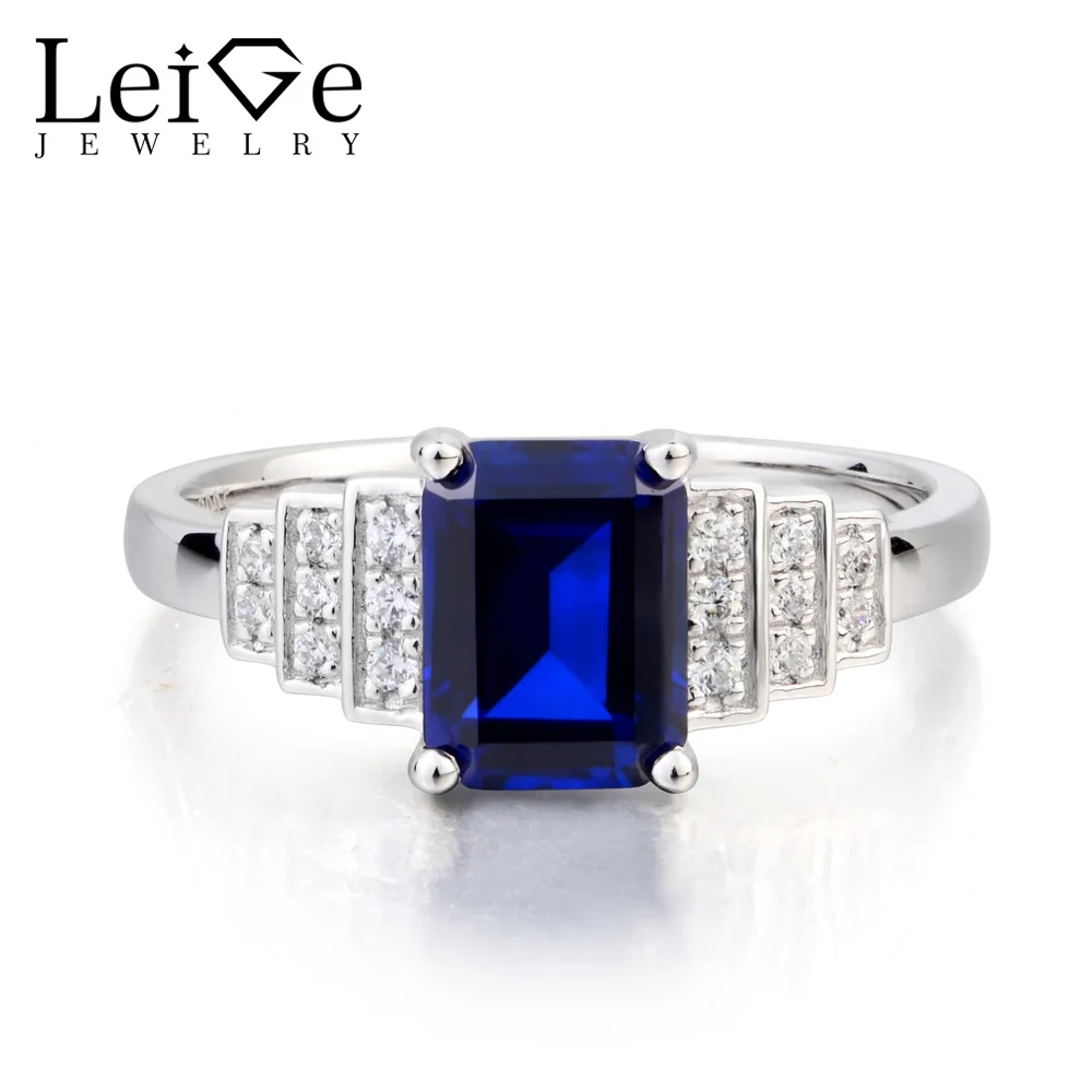 

Leige Jewelry Lab Sapphire Ring Wedding Ring Emerald Cut Blue Gemstone September Birthstone Solid 925 Sterling Silver Ring Gifts