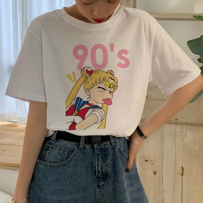 Сейлор Мун Harajuku футболка для женщин Ullzang принт с героями мультфильмов Kawaii