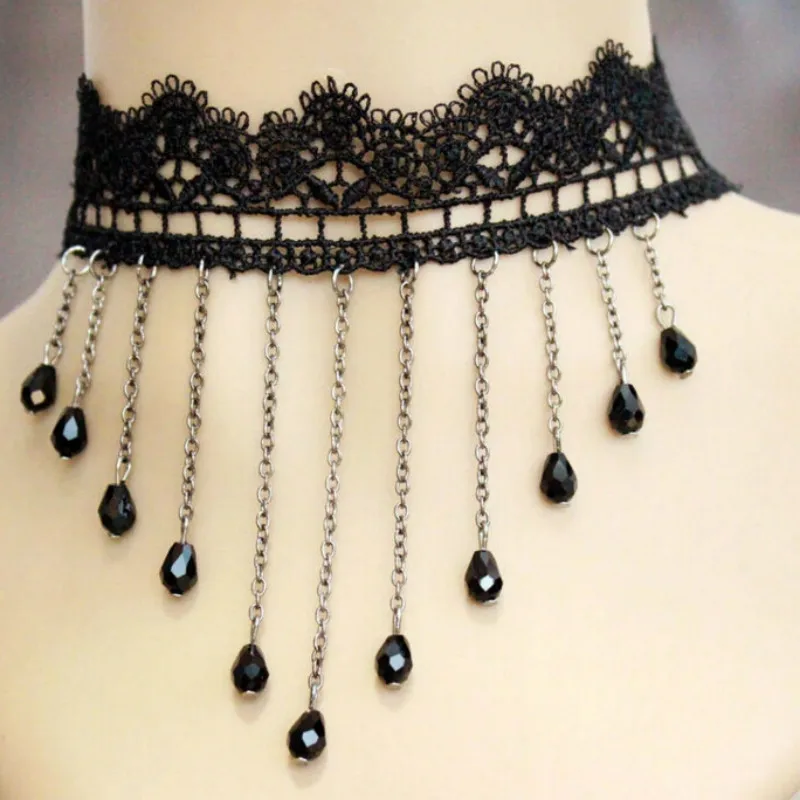 Черная винтажная кружевная пустотелая подвеска в виде хрустальной капли цепочка