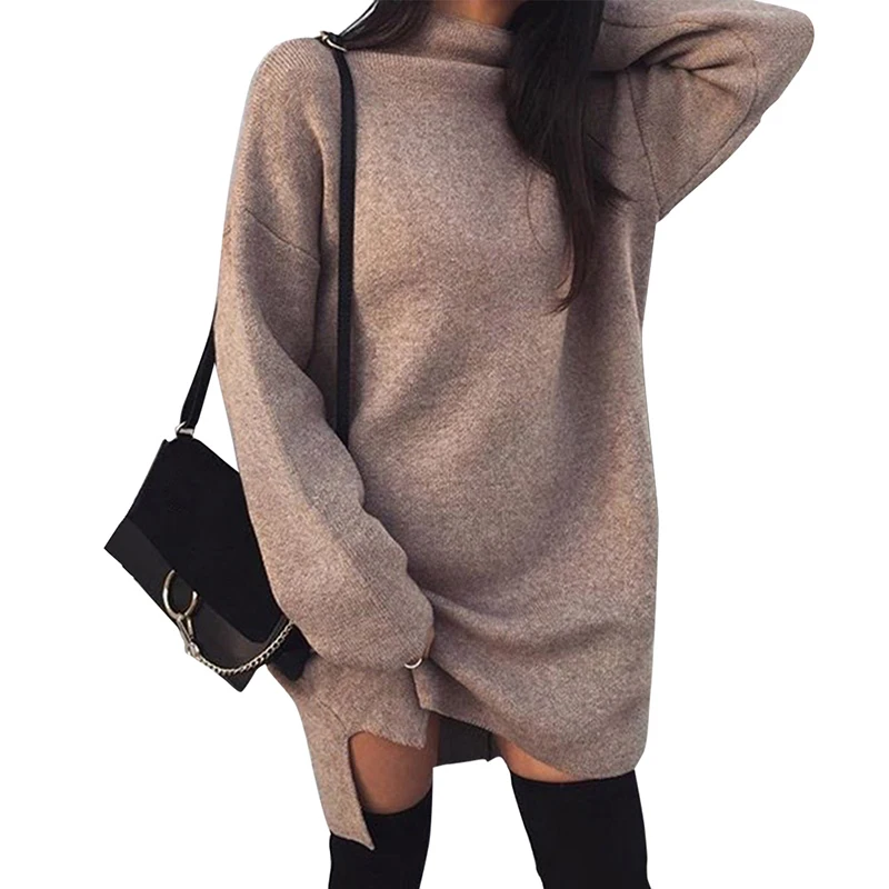 Женское трикотажное платье свитер с высоким воротником теплые платья