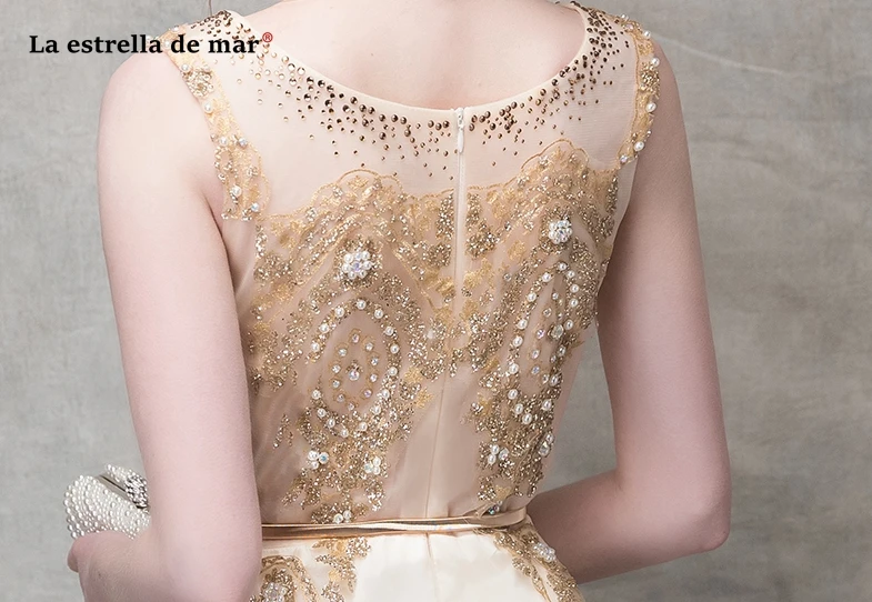 Vestido boda mujer invitada Черпак шеи Кружева блёстки цвета шампанского золото платье подружки невесты длинное vestido madrinha размера плюс
