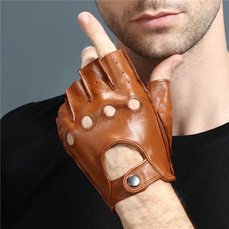 High Quality Man's Half Finger Gloves Breathable Non-Slip Fitness Leather Fingerless Gloves Black Camel Driving Gloves Male NAN7