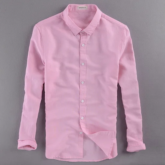 pink Итальянская брендовая мужская рубашка, льняная хлопковая рубашка с длинным рукавом, мужская повседневная однотонная белая рубашка на все сезоны, Мужская модная одежда, camisa 4XL - Цвет: pink