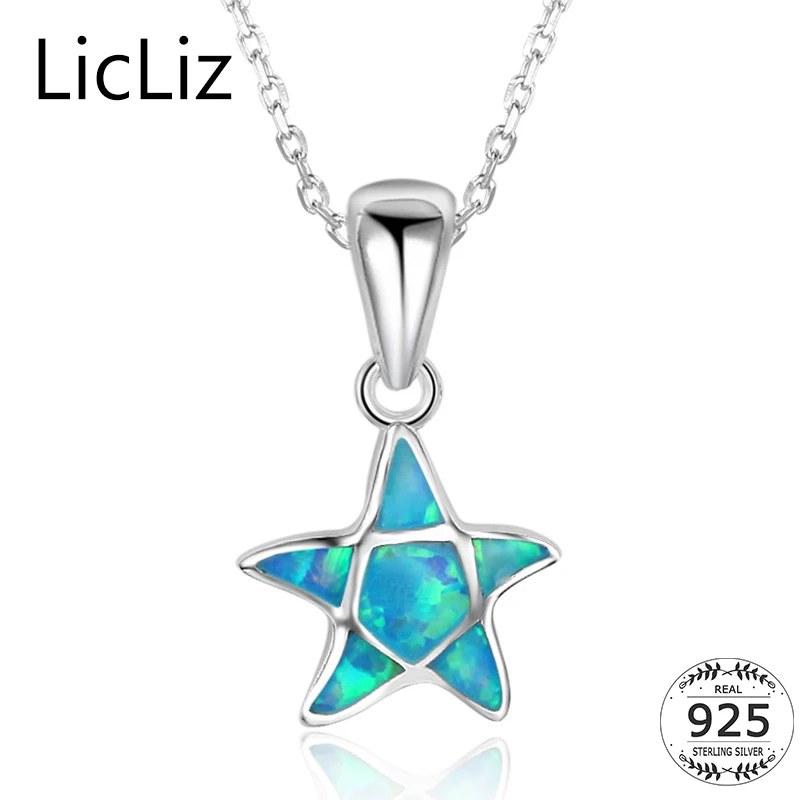

LicLiz 925 Sterling Silver Star Pendant Necklaces Womens Blue Fire Opal Necklace Collar Animal Starfish Necklace Chains LN0255