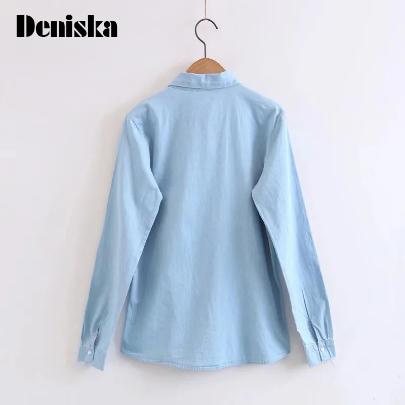 Винтаж цветочный Вышивка синие джинсы блузка рубашка Для женщин 2017 Новая мода