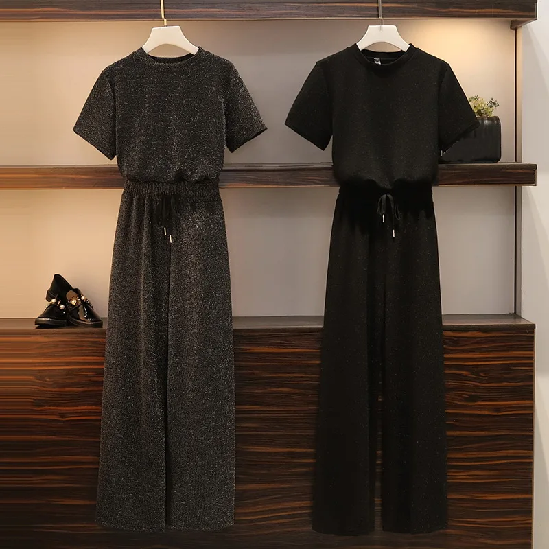 Женский спортивный костюм облегающий топ с коротким рукавом и широкие брюки