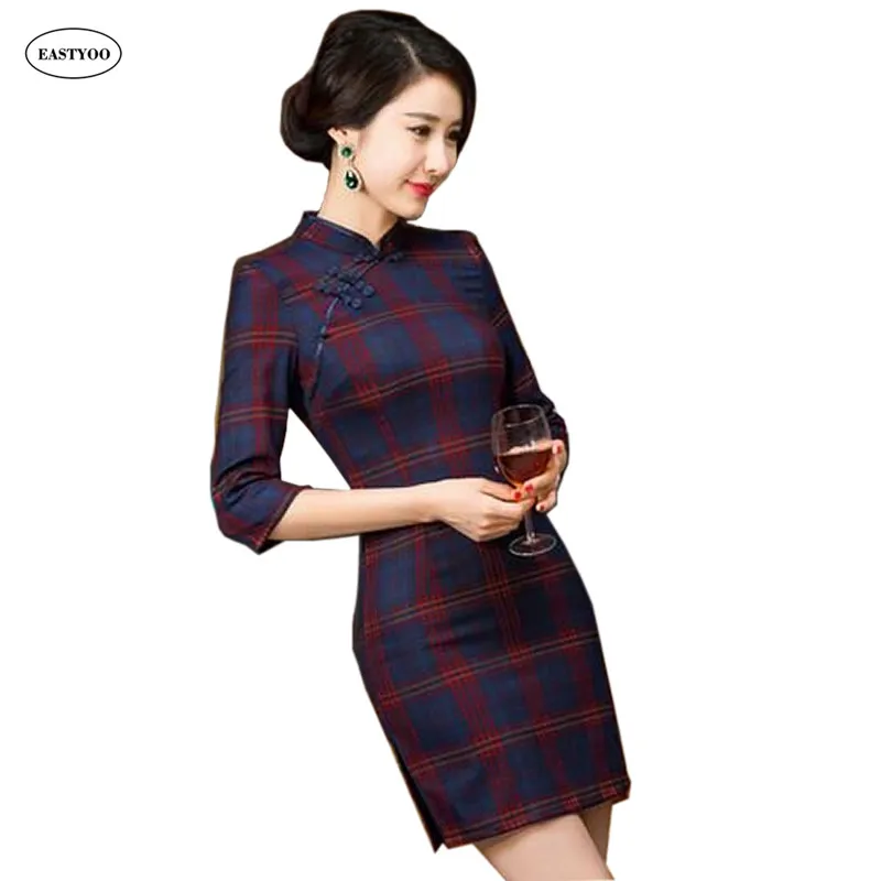 Плед Cheongsam Платье Женщины Осень Зима 2016 Китайский Хлопок Cheongsams Qipao Короткое