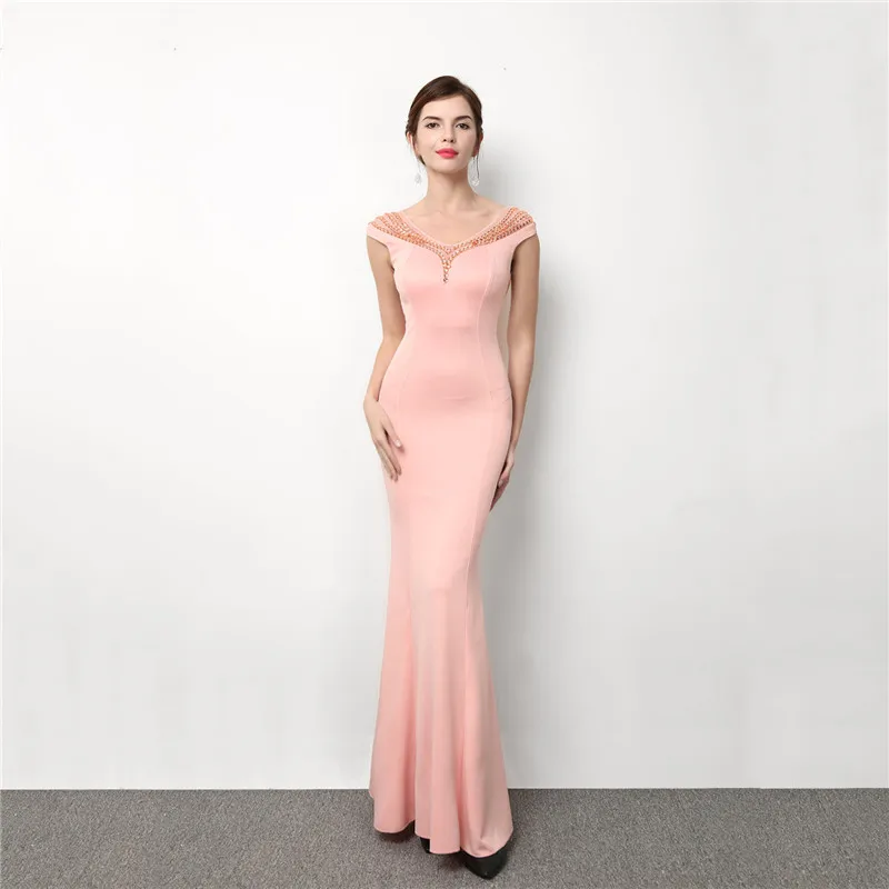 

Pink Transparent Mesh & Cotton Gemstone Beads O Neck Sleeveless Mermaid Sexy Long Party Dresses Elegant Formal Night Club Dress