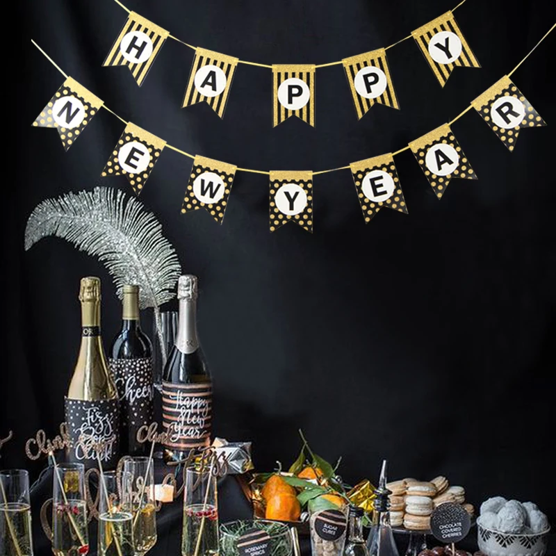 Happy Новый год баннер черный блеск золотистый в горошек 2019 Год Новогодние