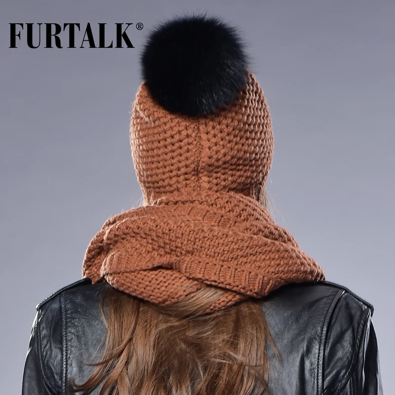 FURTALK Набор шапок и шапок из шарфа для женщин из натуральной лисы Меховые помпоны Шапки Шерстяная вязаная шапка Зимняя шапочка