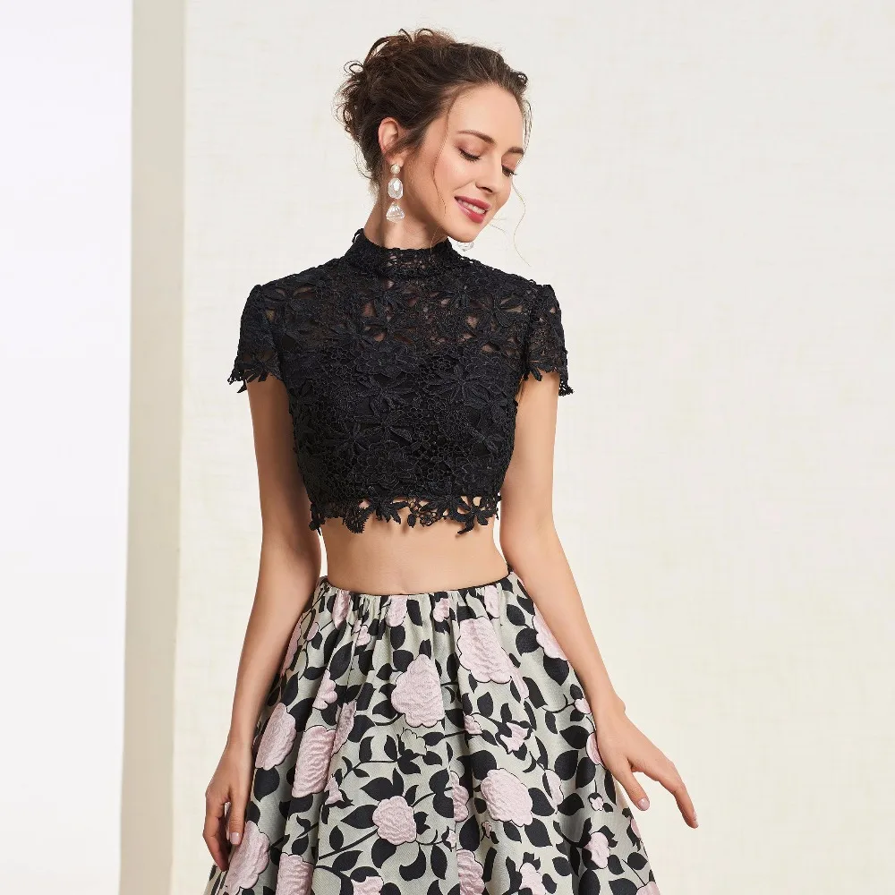 Tanpell print flowers prom dresses high neck short sleeves floor length women lace button formal custom a line gown | Свадьбы и