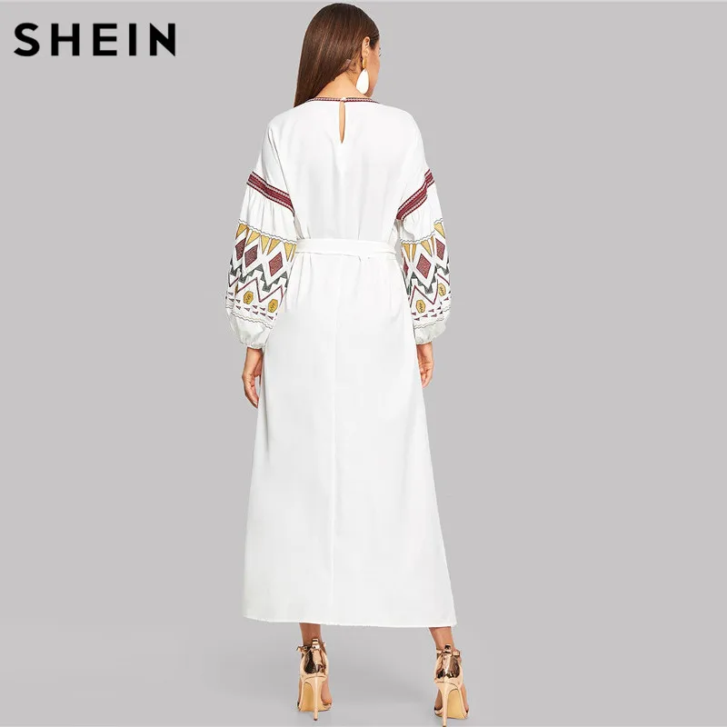 SHEIN Платье С Поясом С Фонарными Рукавами Весна Осень Бежевый Природа Талии Вышитые С Длинным Рукавом Женщины Длинные Платья
