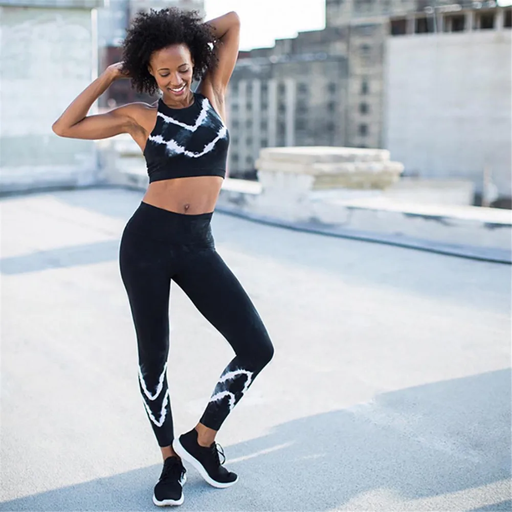 Женский спортивный костюм комплект из 2 предметов для йоги черный топ в полоску с