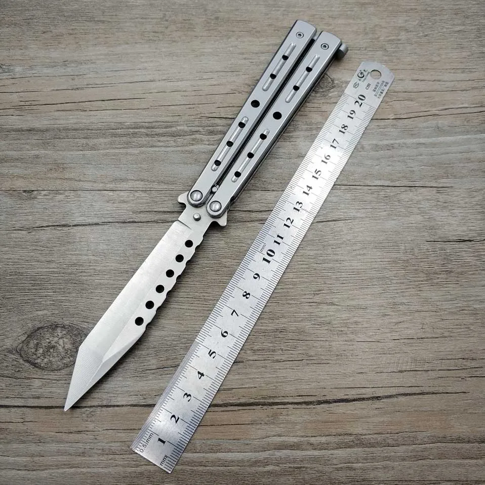 Silver Round hole Дропшиппинг тренировочный нож из нержавеющей стали складной титановый нож бабочка косплей нож без края тупой инструмент черный камуфляж цвет - Цвет: Silver Round hole