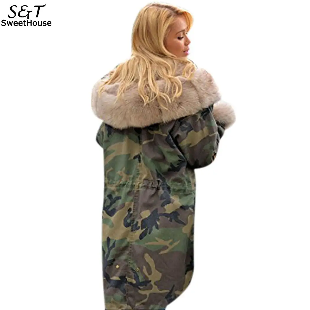 Зимняя куртка для женщин камуфляжная Abrigos Mujer Invierno 2018 большой меховой воротник