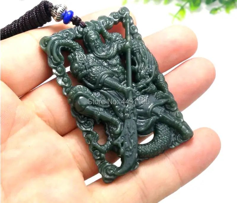 Натуральный темно-зеленый нефрит резной дракон/Guan Yu полые кулон цепочки и ожерелья китайский справедливость общие Гуань Гун амулет