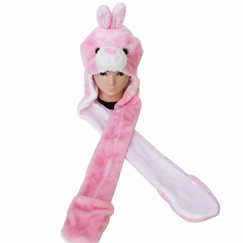 Pink Rabbit Новинка, мягкая теплая шапка в виде животного, панда, Ститч, жираф, милая мультяшная плюшевая шапка, наушники с длинным шарфом, перчатки для женщин, мужчин, взрослых, детей - Цвет: Pink Rabbit