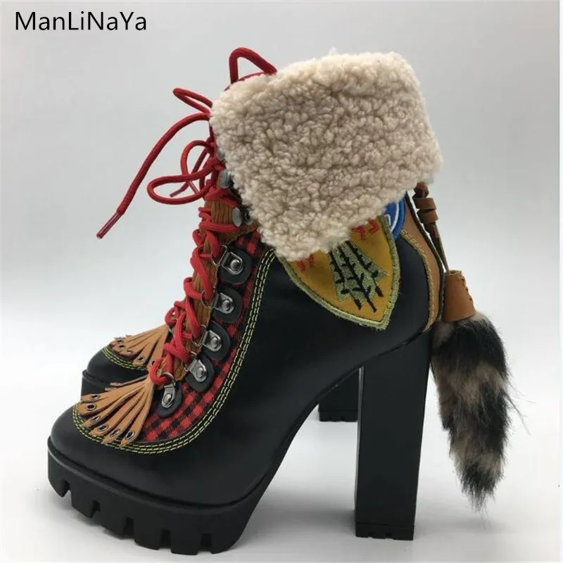 as show ManLiNaYa/зимние шерстяные ботинки; женские ботильоны с круглым носком на платформе и высоком каблуке; Модные женские кожаные ботильоны - Цвет: as show