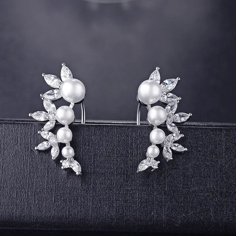 HFYK 2019 Leaves cubic zirconia pearl stud earrings for women party wedding jewelry brincos pendientes earing orecchini | Украшения и