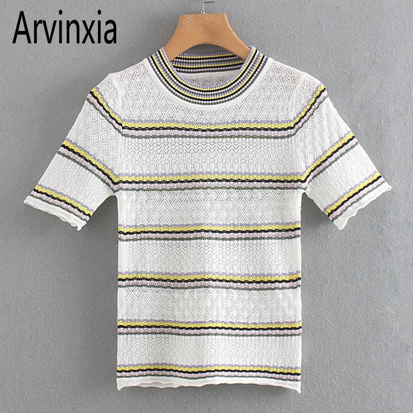 Arvinxia ZA модные женские футболки в полоску с круглым вырезом винтажные уличные