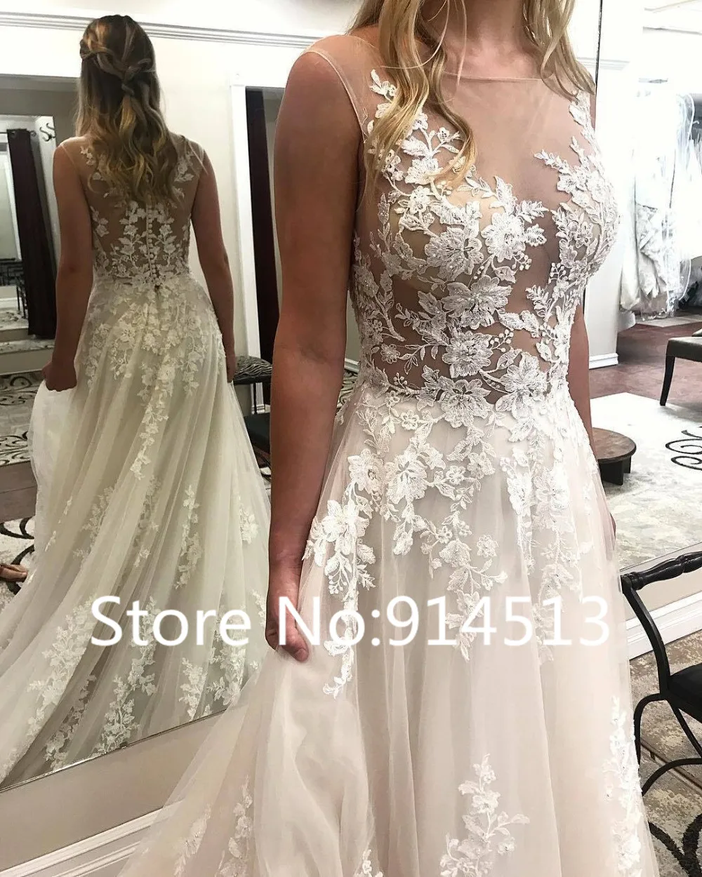 Princess Wedding Dresses Scoop Neck Appliques Lace A-line Tulle Bridal Gown Button Back Vestidos de Noivas Plus Size New