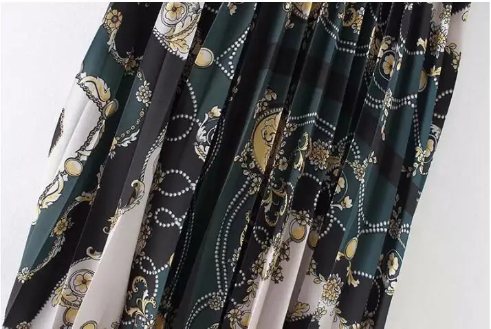 Винтажная плиссированная юбка средней длины с поясом цепочкой и цветочным